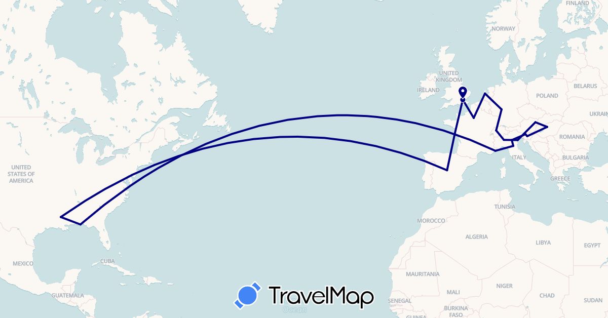 TravelMap itinerary: driving in Austria, Switzerland, Germany, Spain, France, United Kingdom, Hungary, Italy, Netherlands, Slovenia (Europe)